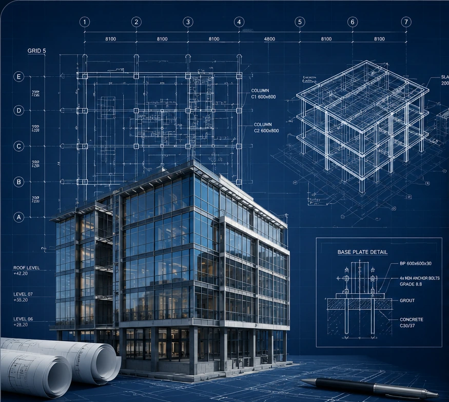 Construction project combined with technical slab drawing